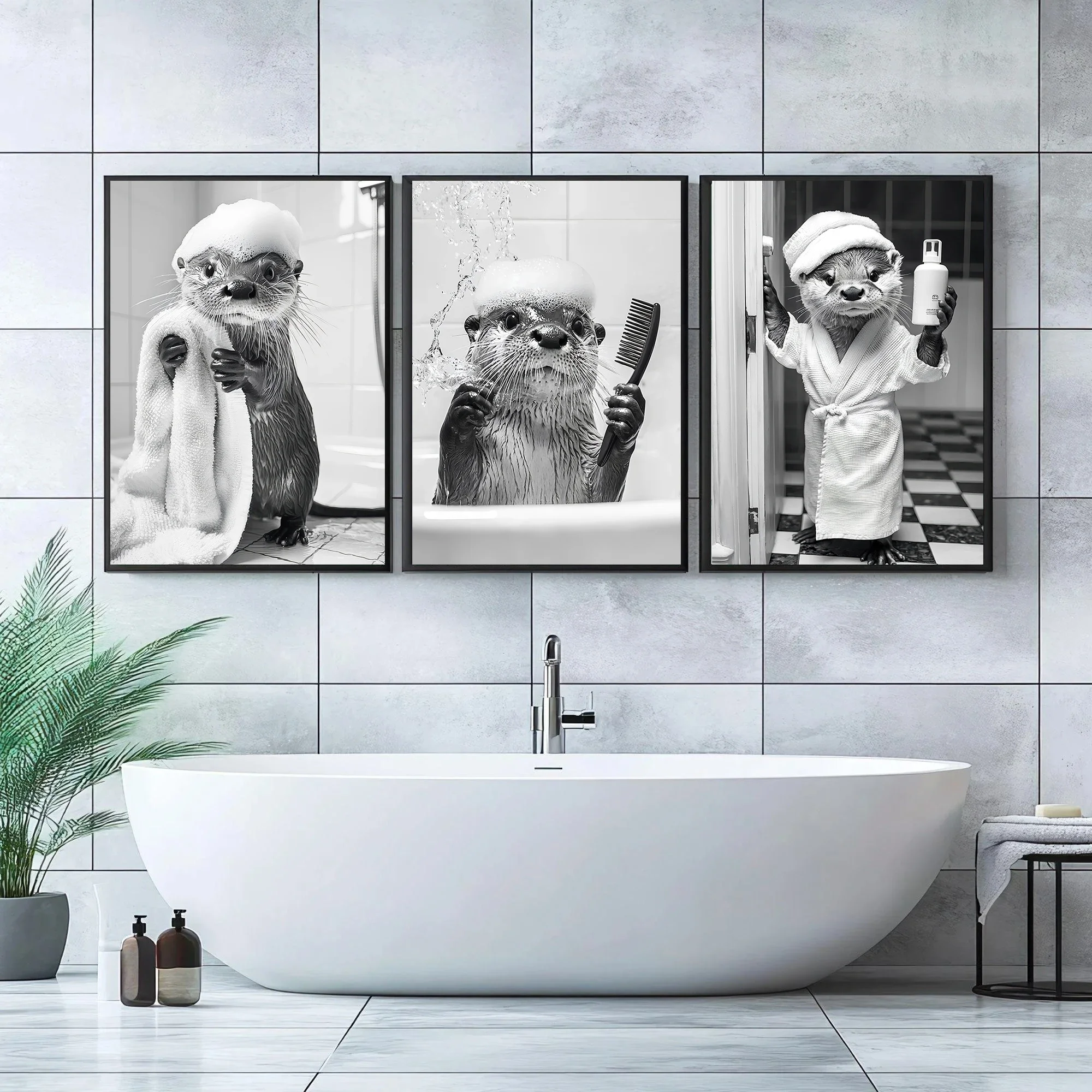 Funny Otter & Raccoon Bathroom Canvas Poster Cat Drinking Animals Black & White Wall Art Mural for Modern Living Room Home Decor