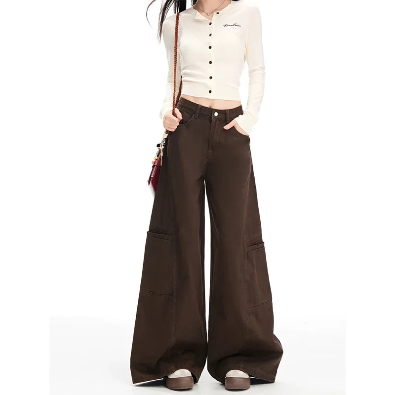 جينز واسع الساق للنساء بني قهوة فضفاض كسول ملابس العمل بنمط مريح #3