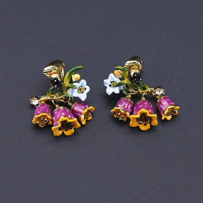 

Fresh Enamel Morning Glory Purple Bellflower Butterfly Bell Earrings Clip On Silver Studs