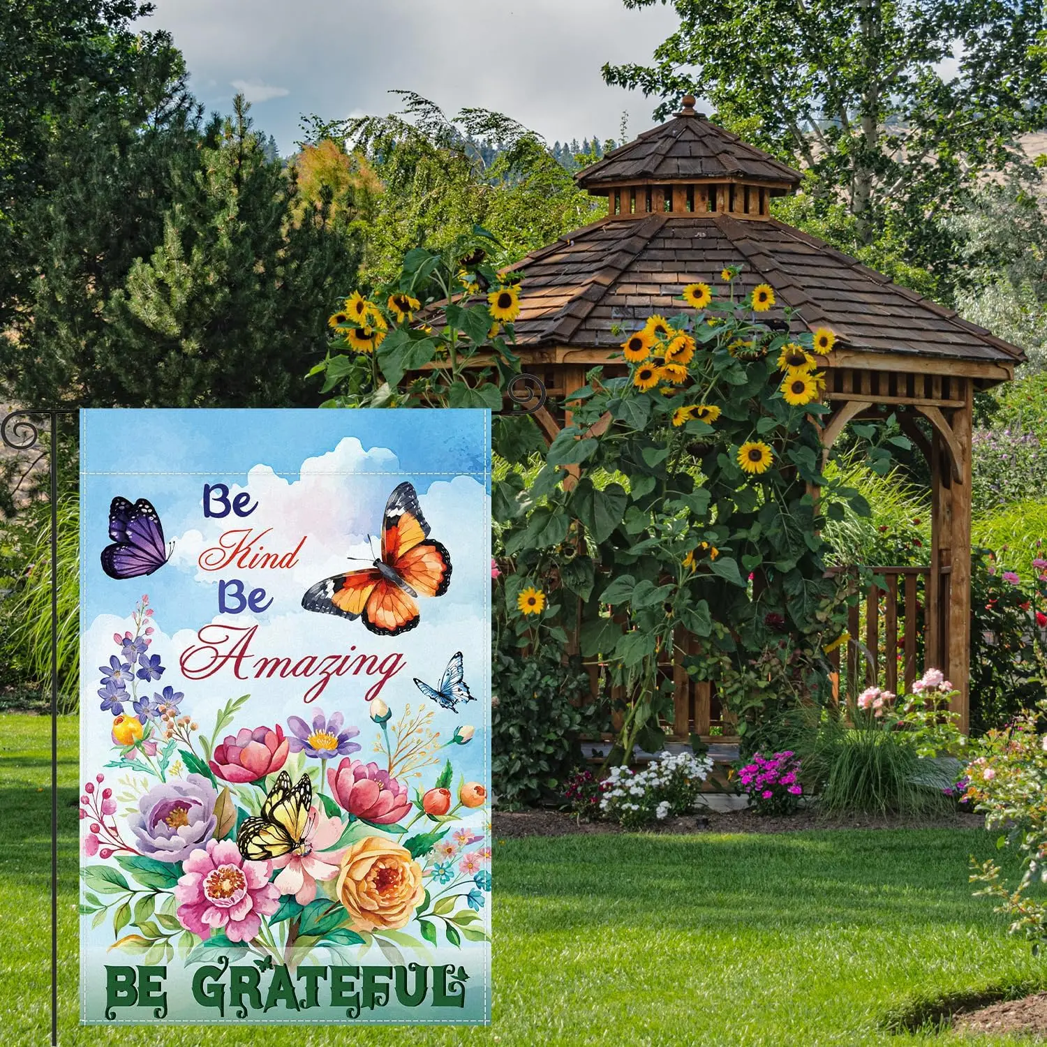 Be Grateful Butterflies Spring Garden Flag Be Kind Be Amazing Be Grateful Yard Flag Summer Sunflower Grateful Thankful Bless jjp