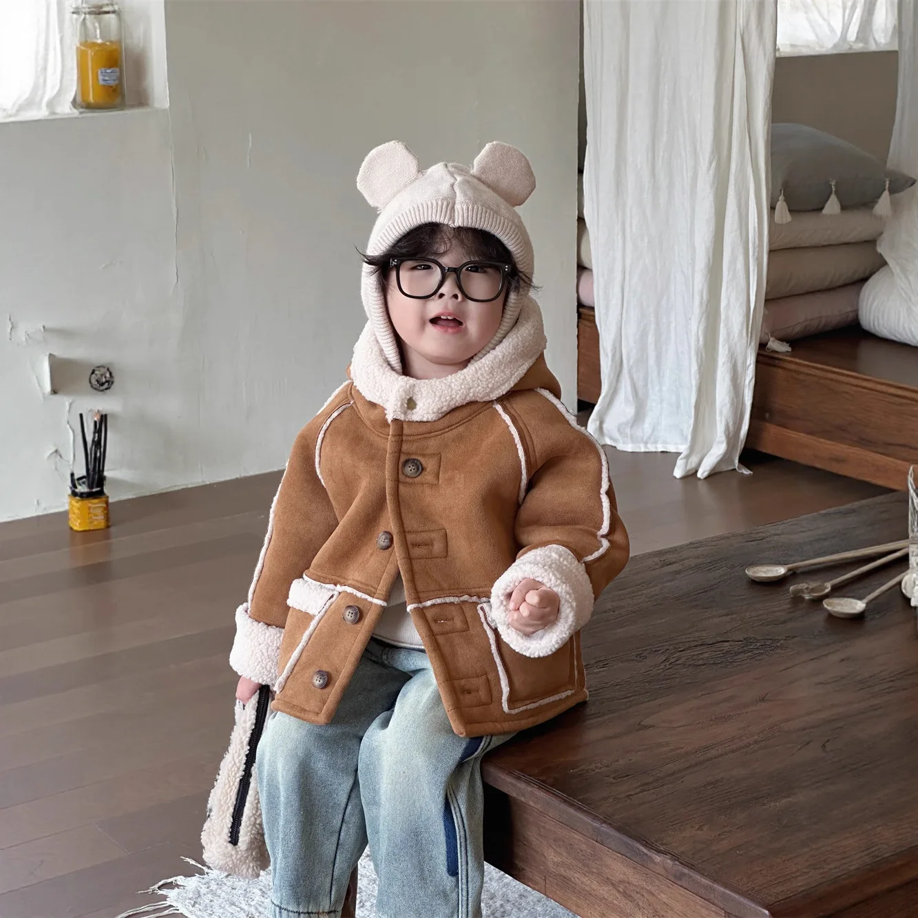 

2025 Boys and Girls Neutral Thickened Warm Suede Fur Integrated Hooded Coat Jacket