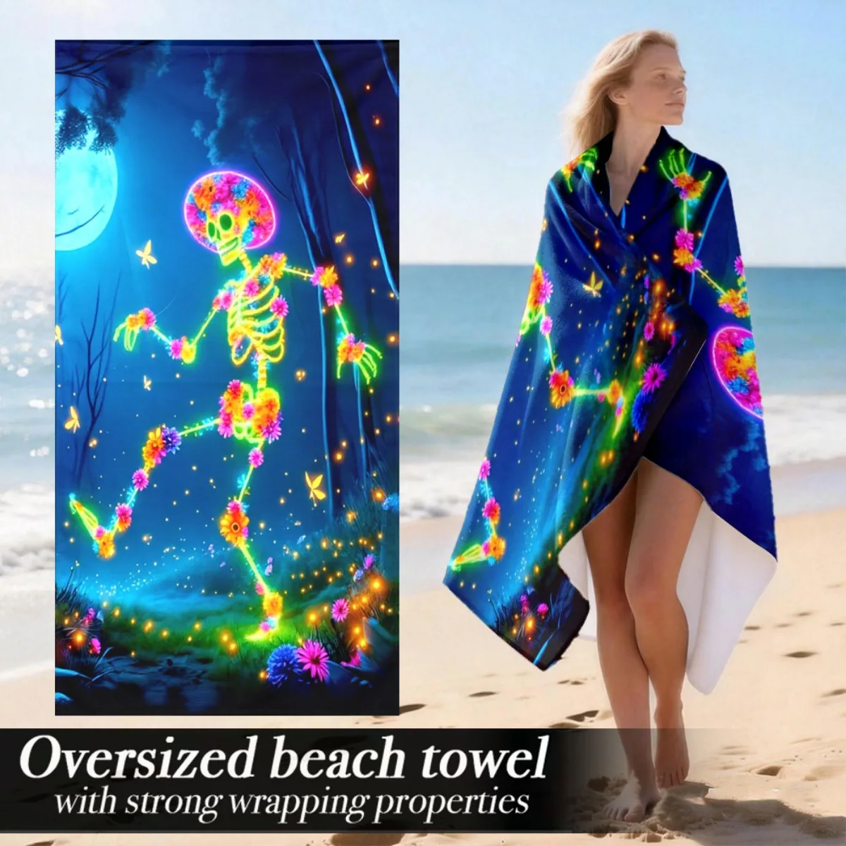 Neon Dancing Skeleton Beach Towel Patterned Sunscreen And Windproof Suitable For Swimming Pool Camping Travel Blanket
