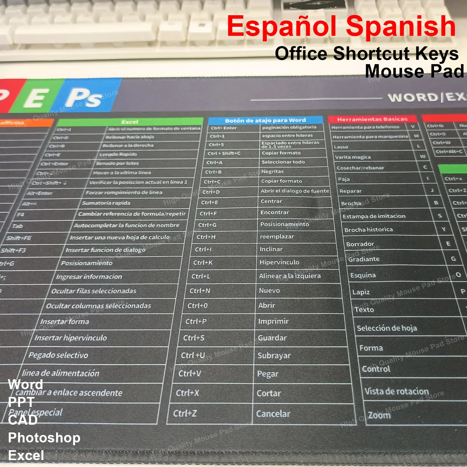 Spanish Shortcuts Mouse Pad - Large Keyboard Desk Mat for Office & Design | Word/Excel/PPT/Photoshop/CAD Hotkeys Cheat Sheet