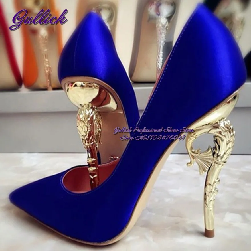 Gullick Golden Silver Hippocampus Metal Heel Pumps Orange Royal Blue Satin Cloth Pointed Toe Dress Shoes Sea Horse Stilettos