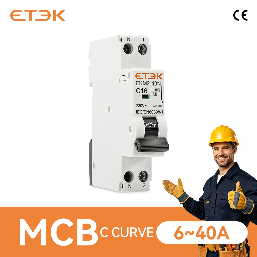 ETEK 18mm Miniatuur Automatische Schakelaar MCB Schakelaar 1P+N 6kA DIN-railmontage Miniatuur Huishoudelijke Automatische Schakelaar 30mA C-curve EKM2