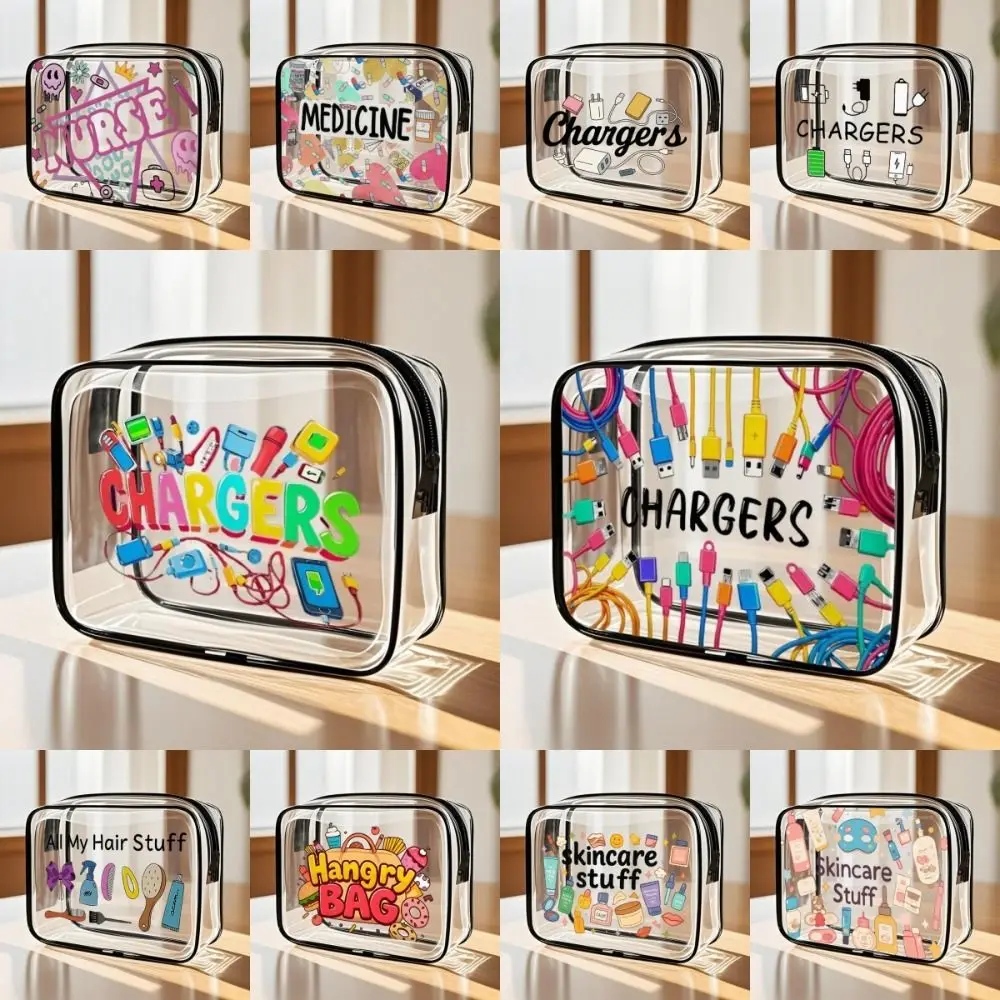 1PCS Portable Transparent Toiletry Handbag Waterproof PVC Cosmetic Pouch Single-Sided Print Zipper USB Storage Bag Travel Use