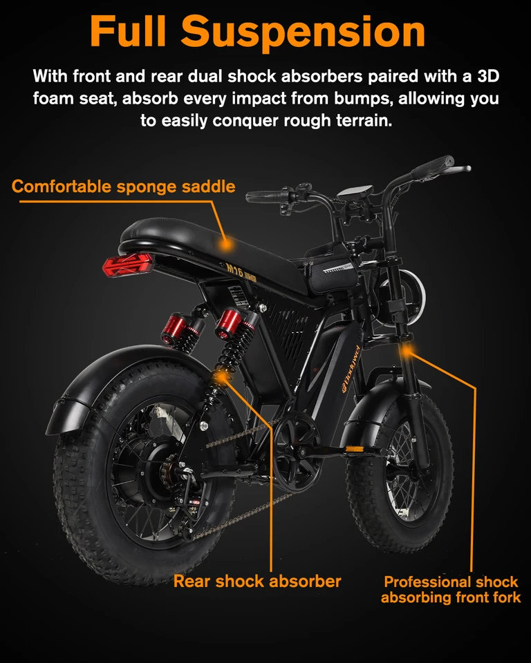 1500W peak Motor Bodywel M16 PRO Fat Tire Electric Bike, 48V 15.6Ah Removable Battery, 40 Mile Range,16"x4.0 Off-Road E-Bike, UL2849–Ships from US image 5