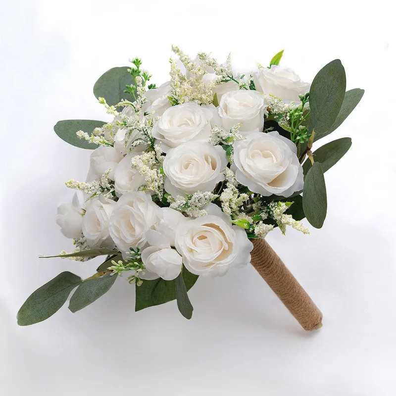 White Bridesmaid Bouquet Handmade Rose and Eucalyptus Leaves Wedding Bouquet Flowers for Bridesmaids Bridal Wedding Accessories