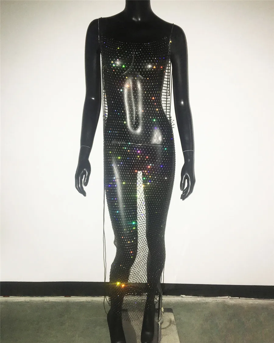 Durchsichtiges Netz kleid für Frauen glänzender Strass aushöhlen Netz rücken freies Kleid Bikini vertuschen Rave Nachtclub Kleider