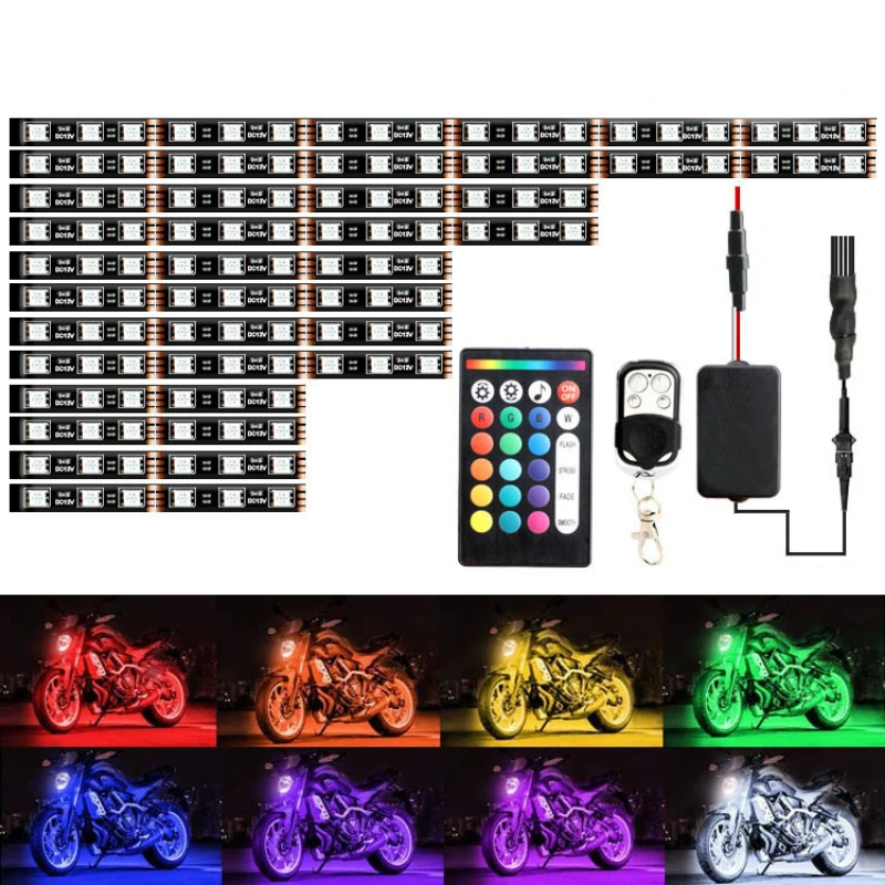 12 IN 1 Car Motorcycle LED Strip Underbody Decorative Ambient Lamp Waterproof RGB Auto Atmosphere Light Remote Control