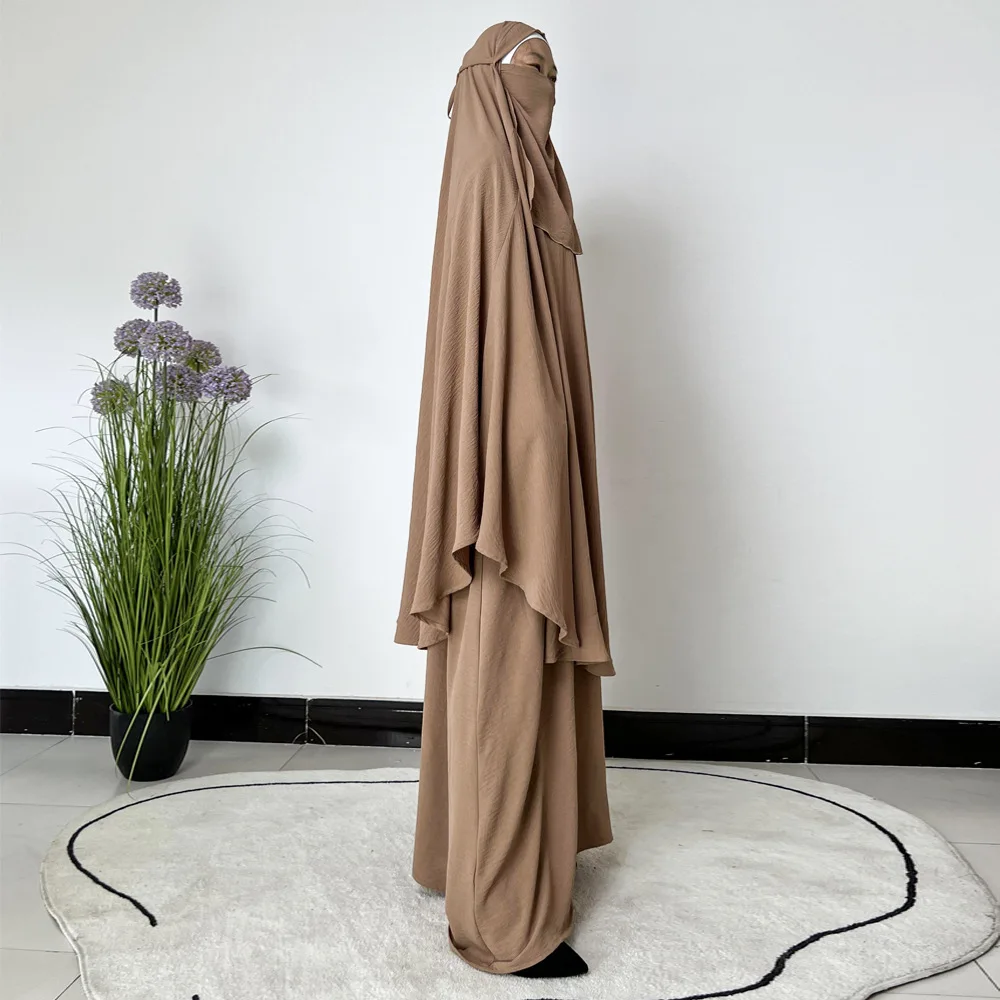 

Eid Women 3 Piece Set Crepe Khimar with Dress Veil Muslim Abaya Prayer Garment Hijab Set Niqab Overhead Islam Jalabiya Musulman