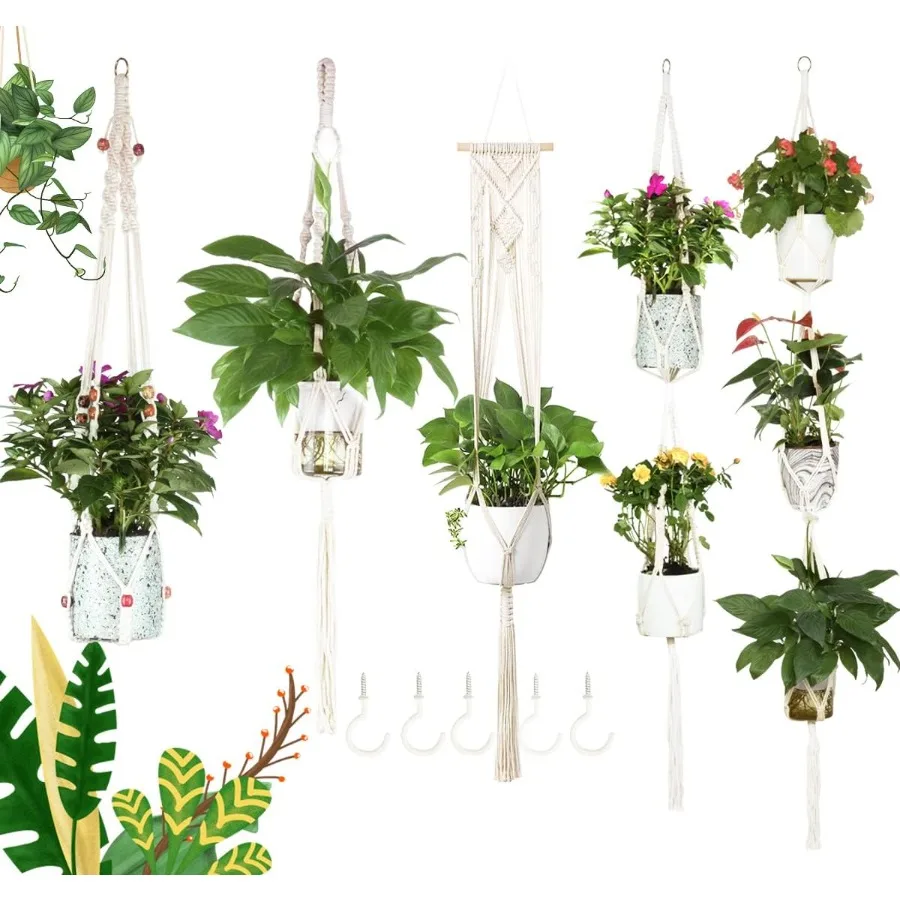 

5Pack Macrame Plant Hangers with 5 Hooks Different Tiers Handmade Cn Rope Hanging Planters Set Flower Pots Holder Stand for Ind