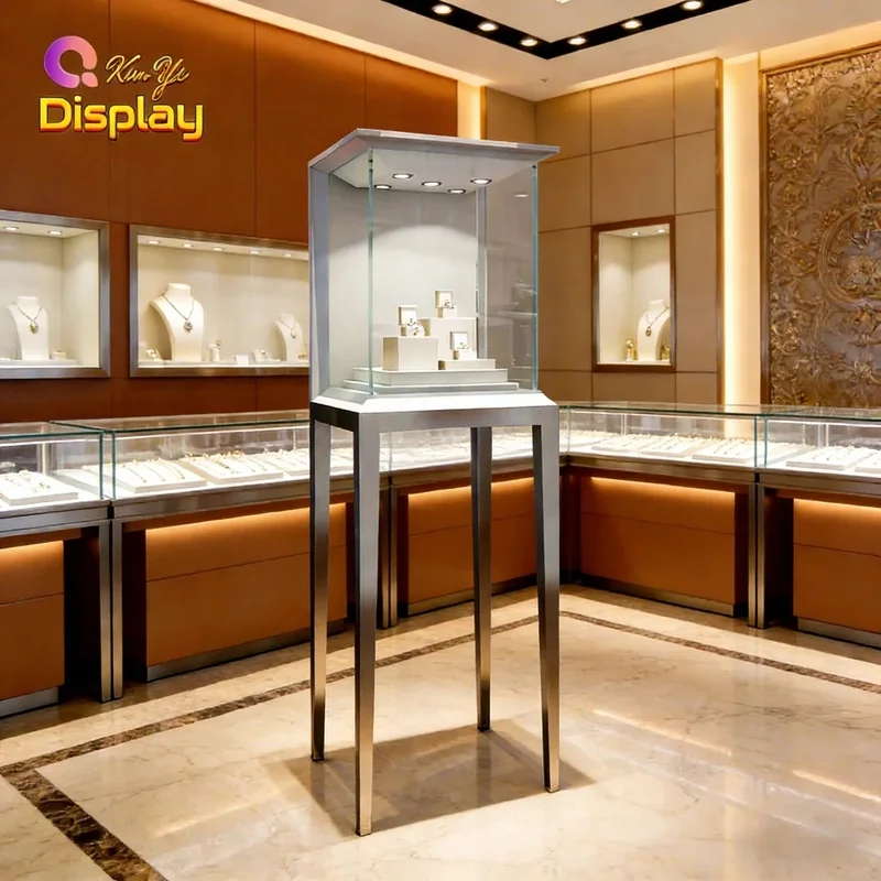 custom.Customizable Eco-friendly Silver/Durable Jewelry Display Cabinet Stainless Steel LED Lighting High Quality