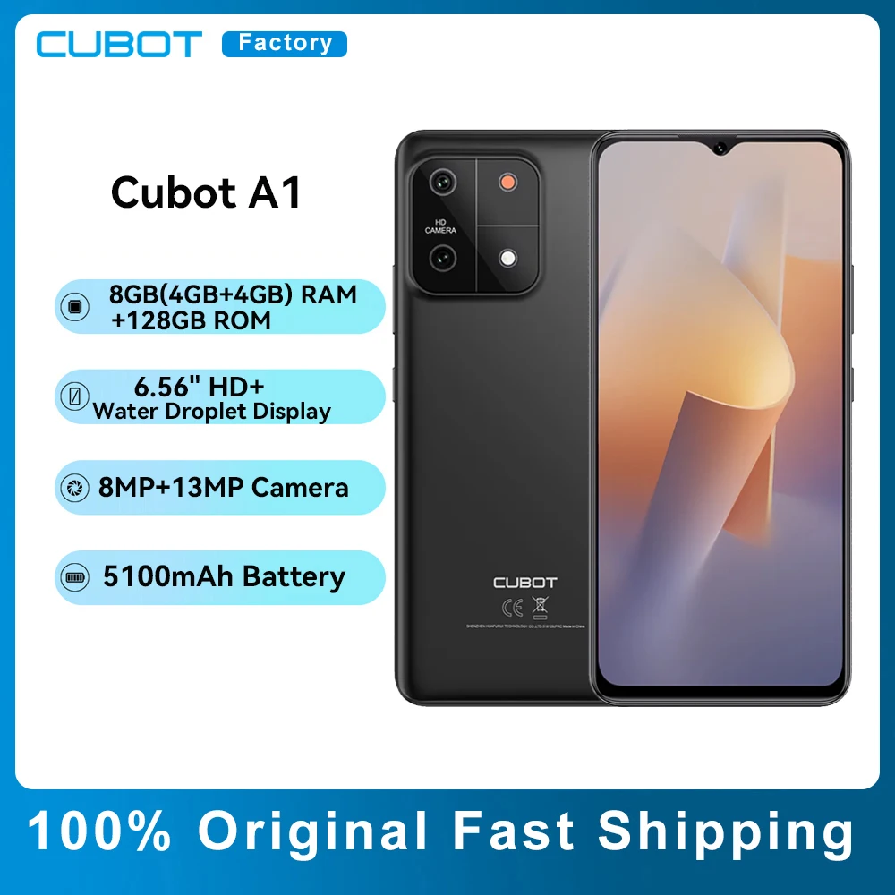 Смартфон Cubot A1 6,56 дюйма HD + экран 8 ГБ (4 ГБ + 4 ГБ) ОЗУ 128 ГБ ПЗУ Восьмиядерный процессор Android 13 5100 мАч Батарея Face ID 13 МП Камера Мобильный телефон