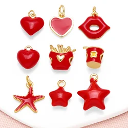 OCESRIO Small Red Enamel Heart Charms for Bracelet Copper Gold Plated Fishstar Star Mouth Jewelry Making Accessories chma326