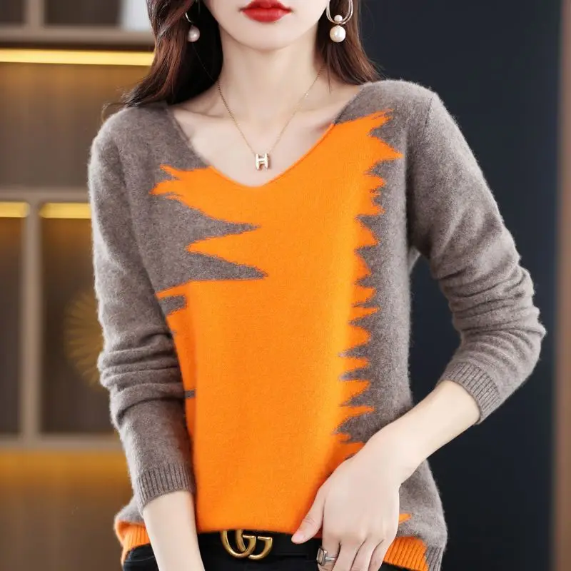 Spring Autumn New Fashion Turn-down Collar Long Sleeve Pullovers Women\'s Clothing Patchwork Color Blocking Knitting Loose Tops