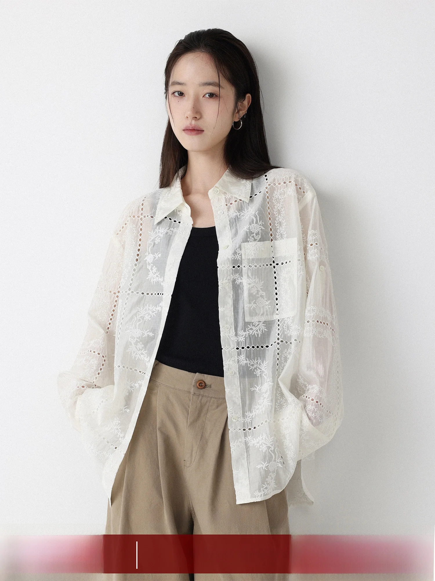 

Низкокалорийная рубашка с вышивкой и ажурными вставками для защиты от солнца, повседневная, свободного кроя, с длинными рукавами, на пуговицах, женский кардиган