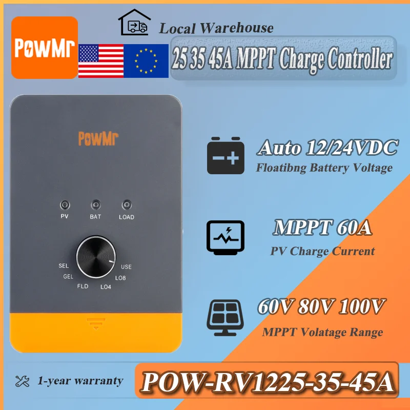 

Контроллер заряда солнечной батареи PowMr MPPT, автоматический 12 В/24 В, PV 60, 80100 В, поворотная ручка для выбора типа батареи, эффективный контроллер MPPTC
