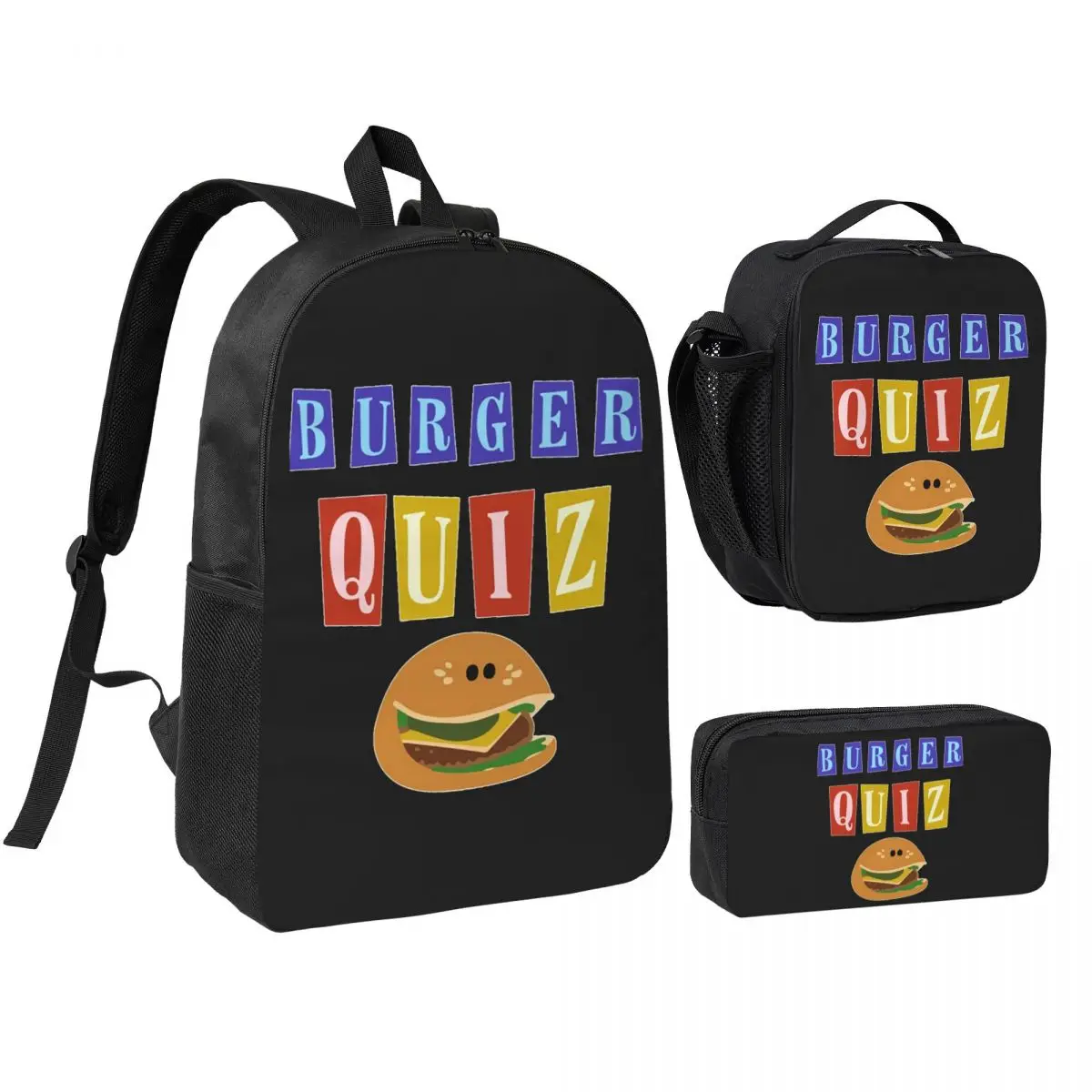 

Burger Quizz New Logo Backpack Student BookBag School Bag Shoulder Bags 3ps Insulated Lunch Bag Pencil Case