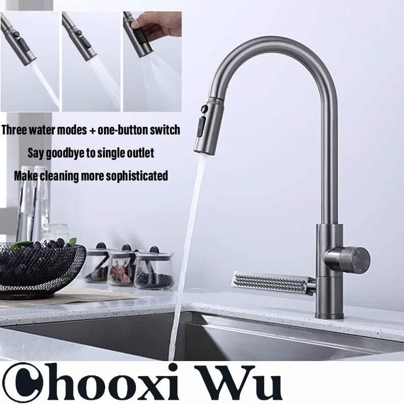 CHOO XIWU-Pull Out Kitchen Sink Faucet, Two Model Stream Sprayer Nozzle, Stainless Steel, Hot and Cold Water Mixer Tap Deck