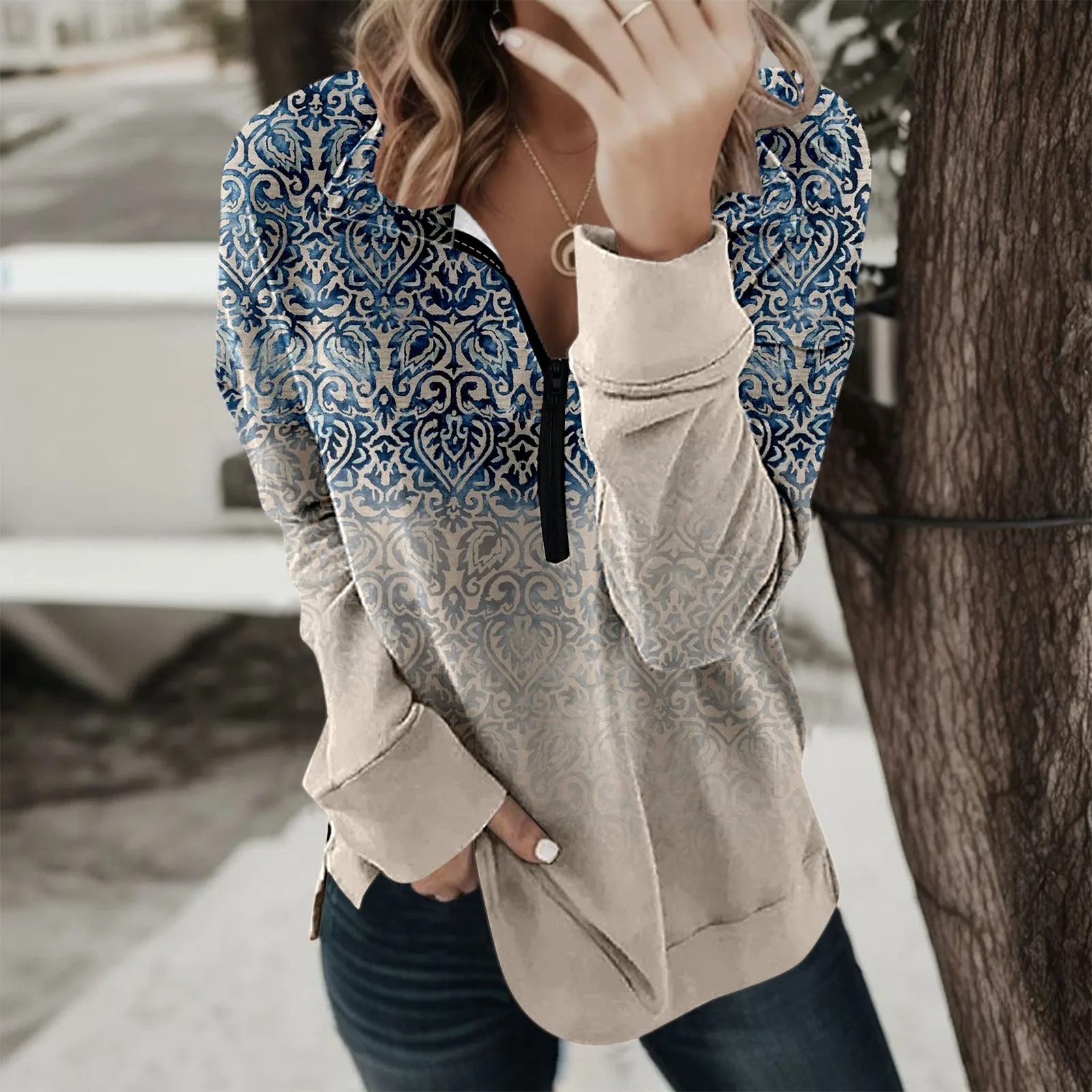 

Vintage Retro Hoodie Floral Print Hoodies Poleron Mujer Ulzzang Long Sleeve Zip Collar Sweatshirt Harajuku Office Blouse Tops