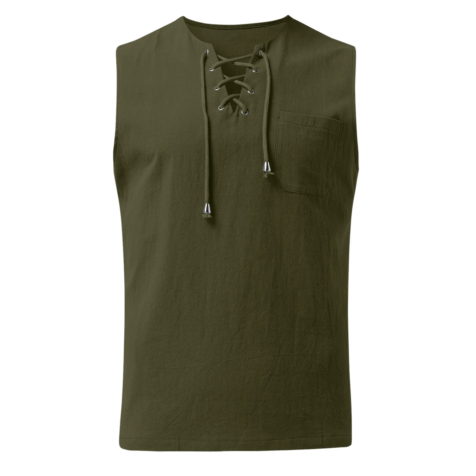 2024 Men's Cotton Linen Vest Tops Solid Color V Neck Lace Up Drawstring Sport Tank Top Summer Sleeveless Quick Drying Clothing