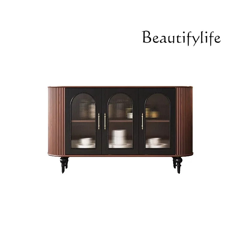 

Solid wood dining side cabinet Modern high-end two-color curved side cabinet French living room entrance cabinet