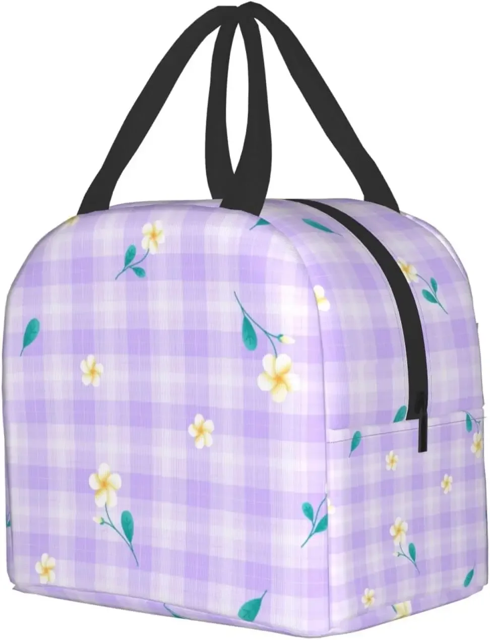 Purple Lilac Violet Flower On Purple Plaid Lunch Box Bento Box Insulated Lunch Boxes Reusable Waterproof Lunch Bag With Front