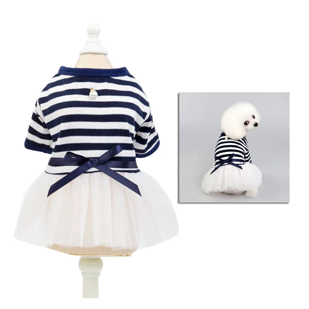 

Pet Dress For Dogs Stripe Gauzy Design Cotton Puppy Skirt Comfortable Fit Outdoor Walking Jogging Dog Clothes Navy Blue