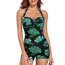 Halter Women's One Piece Tummy Control Swimwear 2024 New Push Up Boyleg Ruched Swimsuit Solid Retro Beachwear Bathing Suit XL