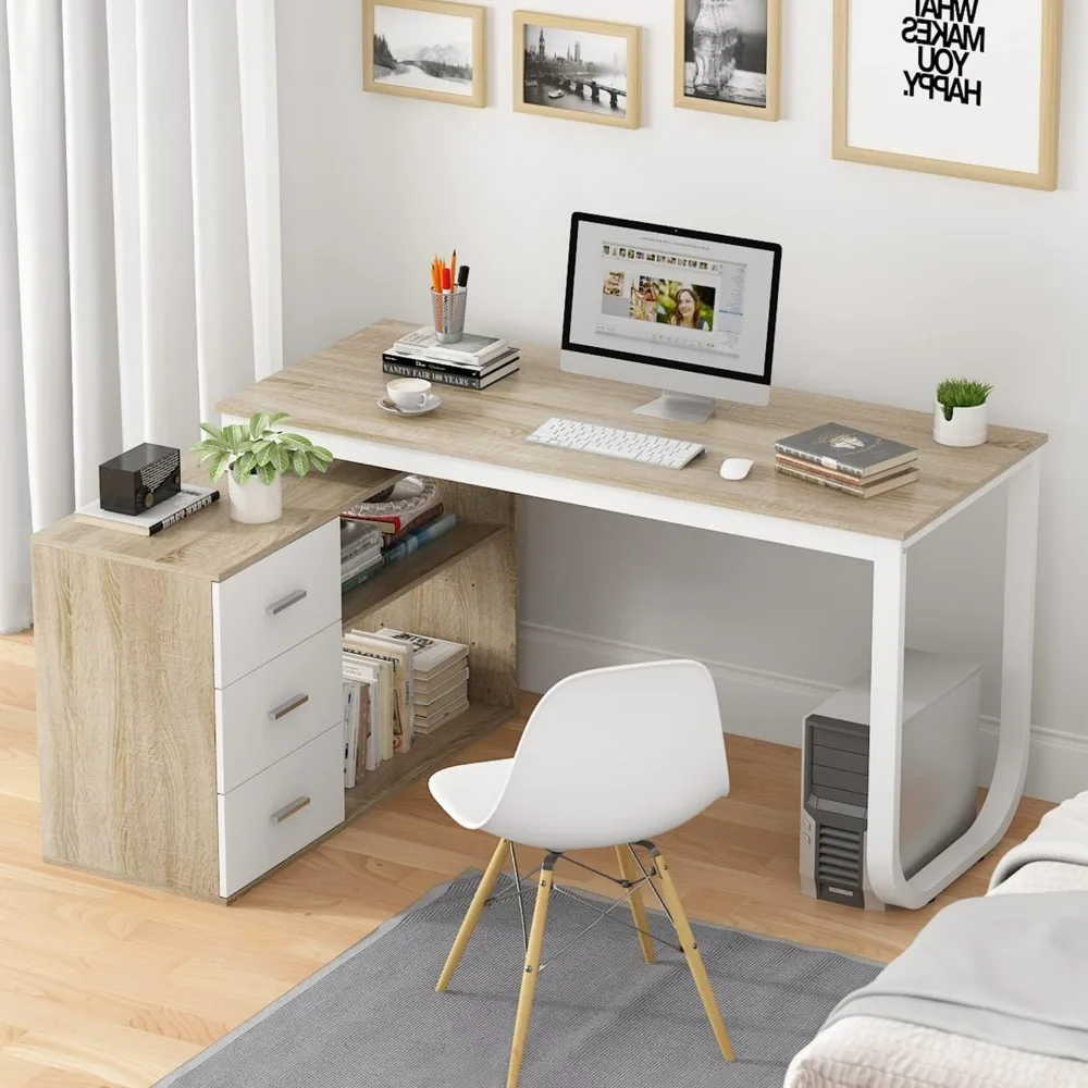 

Home Office Computer Desk Corner Desk with 3 Drawers and 2 Shelves, 55 Inch Large L-Shaped Study Writing Table with Storage Cab