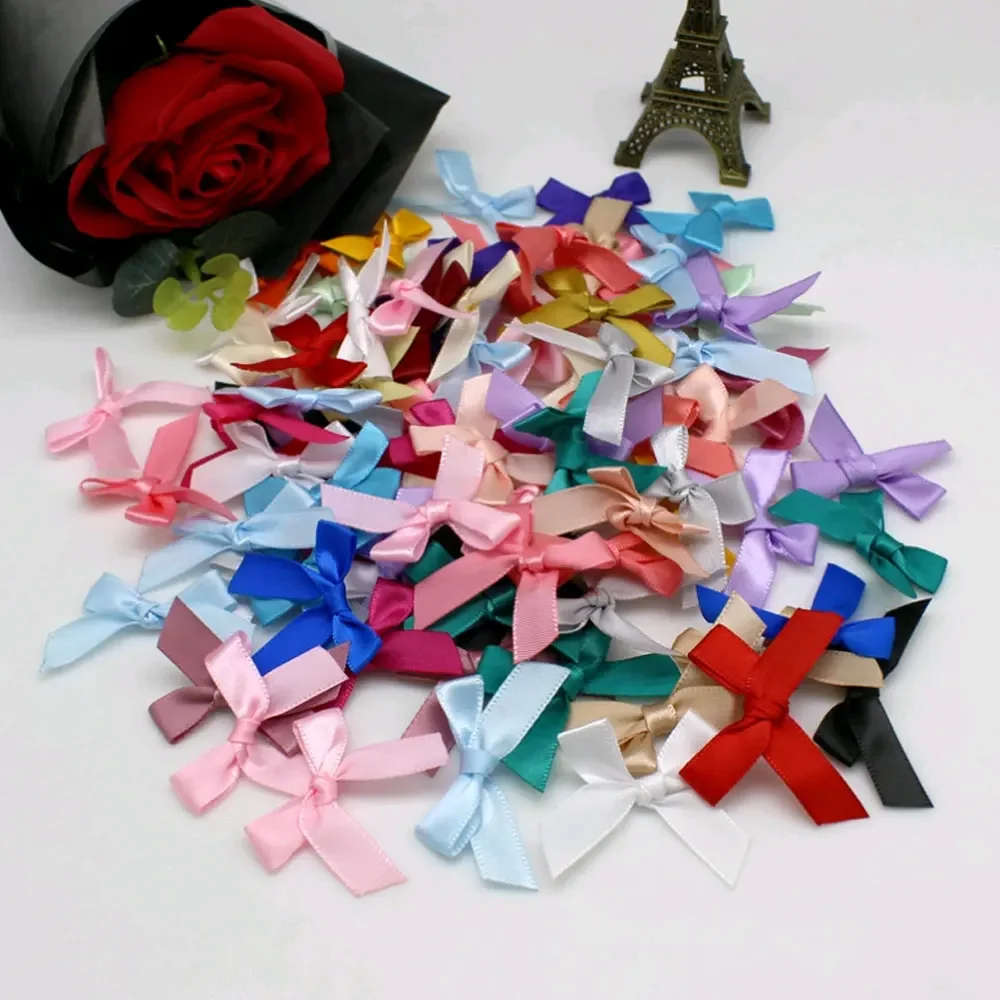 100Pcs Satin Ribbon Bows Small Ribbon Knot Bow Flower Crafts Decoration Handwork DIY Party Wedding Birthday Bows Ties Decor