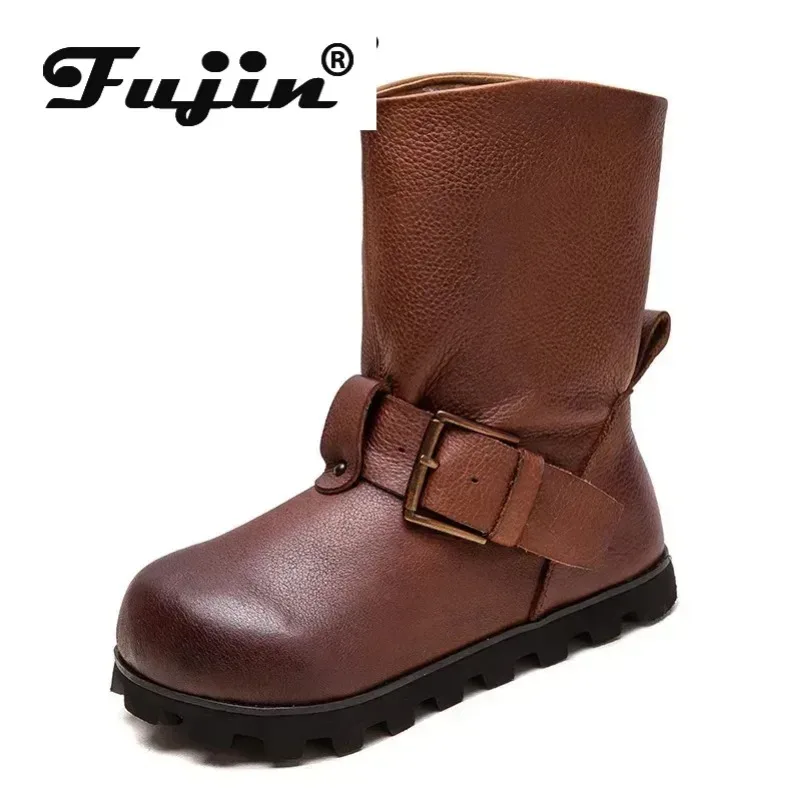 Fujin 2cm  Spring Boots Slip on Chimney Ladies Women Shoes Cow Genuine Leather Ankle Booties Autumn Fashion Round Toe  Moccasins