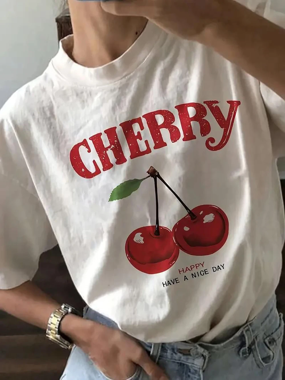 

Oversized Casual White Cherry Pattern Round Neck Short Sleeve Female T-Shirt For Women Loose Fit Summer Tee