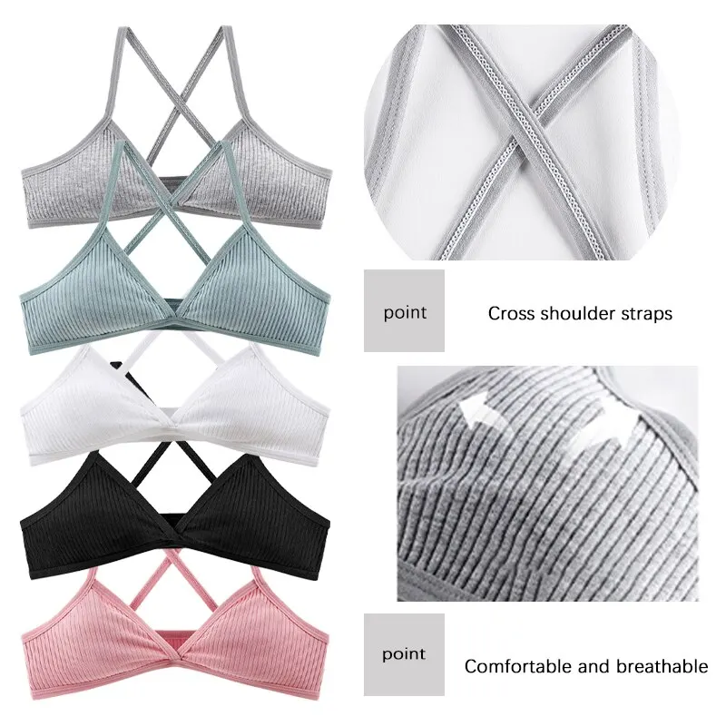 5 Pieces Women Comfort Lingerie Cotton Bras Sexy Deep V Triangle Cup Cross Beauty Bra Thin Sport Ribbed Unlined Bralette