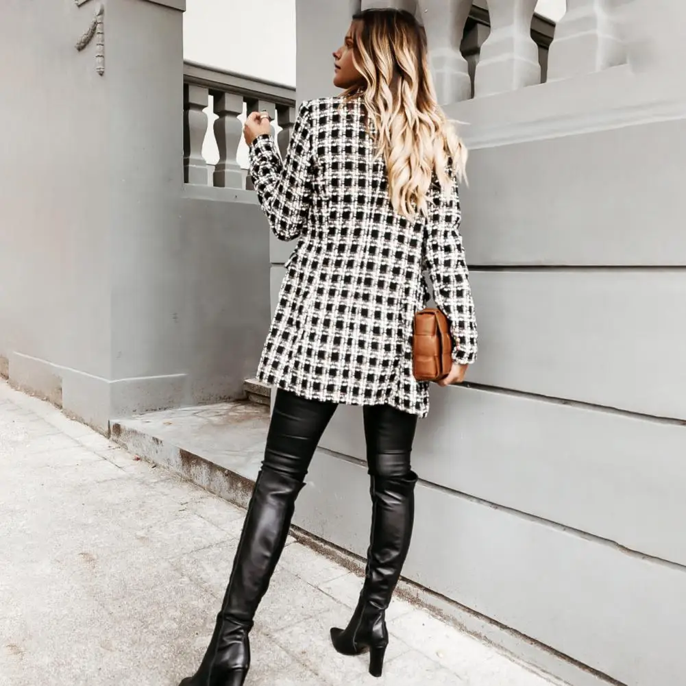 

Women Spring Coat Stylish Plaid Print Double-breasted Coat for Women Warm Mid Length Jacket for Winter Autumn for Dating