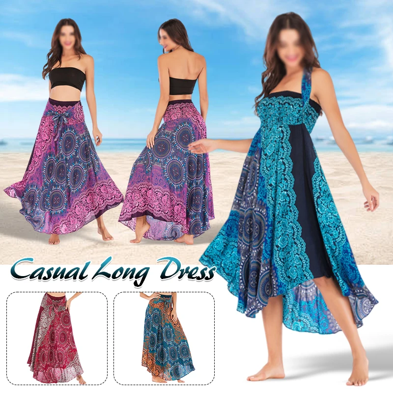 

Beach Holiday Casual Long Fashion Reversible Women's Skirt Bohemian Flower Elastic Waist New Long Skirt Multiple Ways To Wear