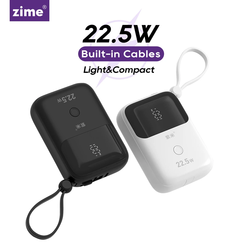 Zime-بنك طاقة صغير بكابلات مدمجة ، شحن سريع ، بطارية خارجية ، محمول ، آيفون ، سامسونج ، شاوميو ، بي دي ، 20 واط ، ماه