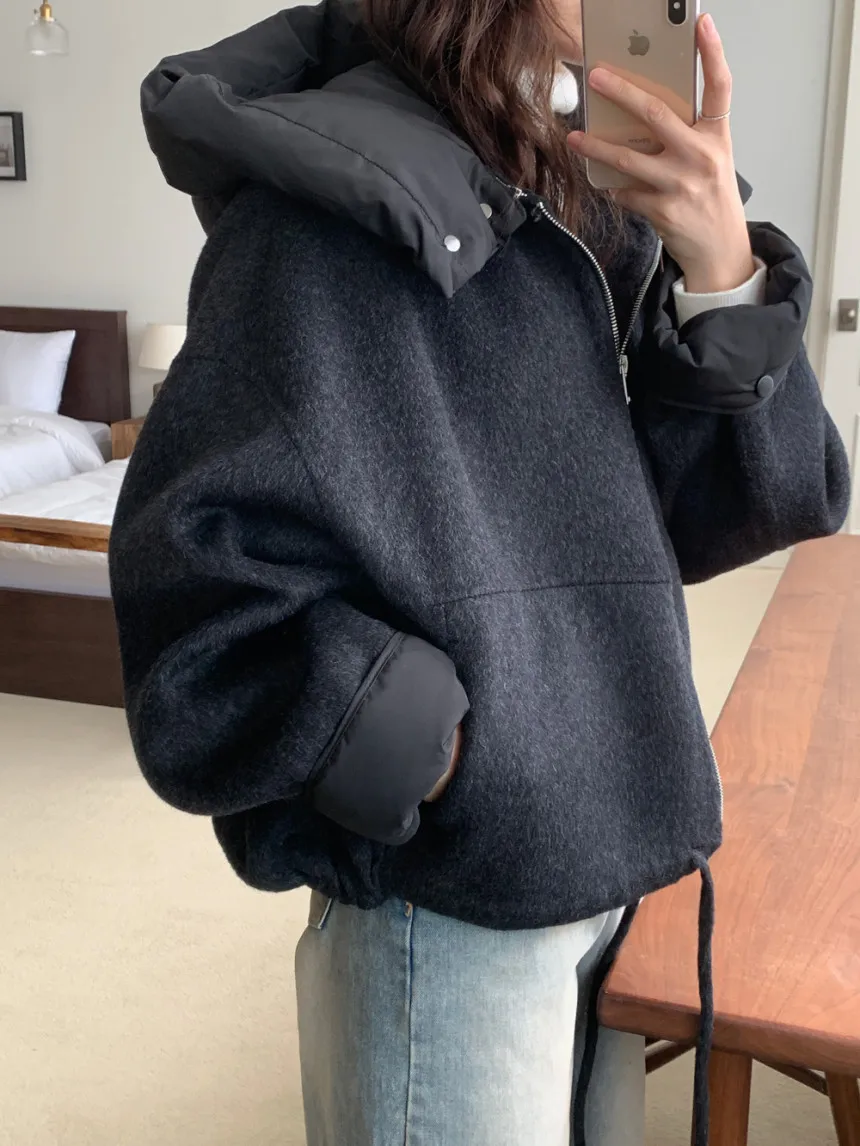 Chaqueta de lana de otoño e invierno para mujer, abrigo informal holgado con capucha desmontable de estilo coreano, abrigo de manga larga con cremallera para mujer (JL3880