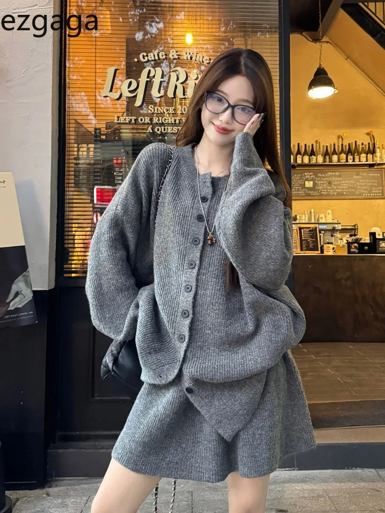 Ezgaga Knitted Two Piece Sets Women Fashion Autumn Winter Cardigan Loose Stretch Solid Sweater Mini Skirts Ladies Suits Casual