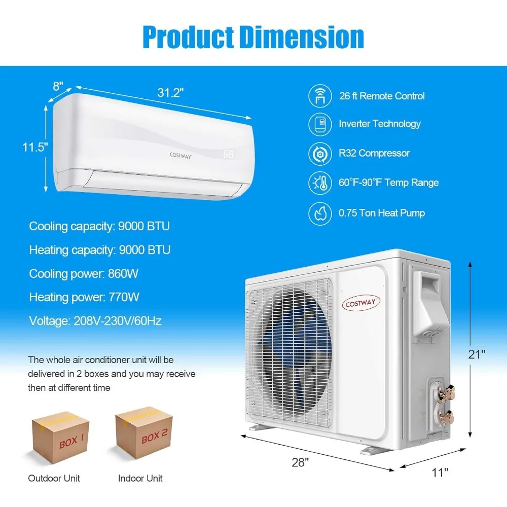 U Mini AC Split-System, 17 SEER2 Bezkanałowy klimatyzator z wstępnie naładowanymi skraplaczami, biały (9000BTU, 220 V, 17 SEER2)