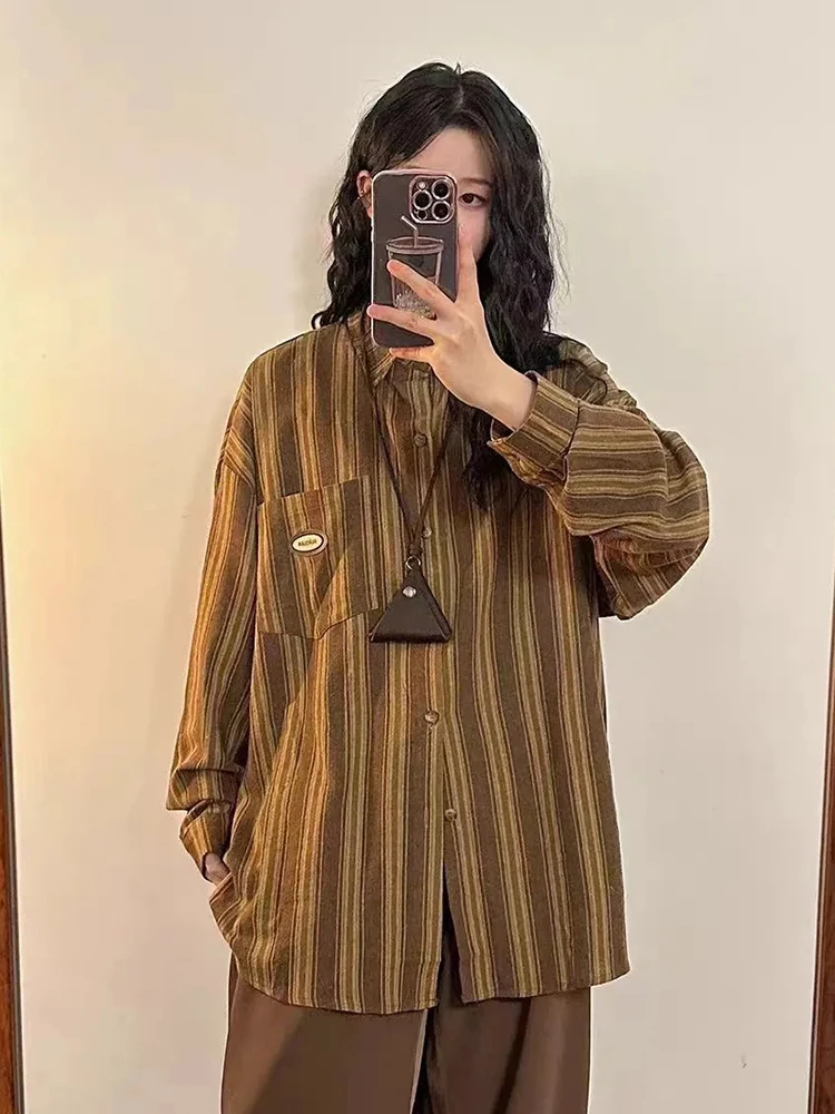 

Zoki Vintage Y2K Striped Shirt Women Harajuku Oversize Loose Japan Blouse Casual Long Sleeve Streetwear Bf Pocket Design Tops
