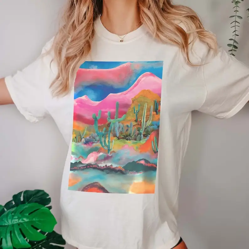 Surreal Desert Dreamscape Tee | S-3XL Psychedelic Cactus Shirt | Comfy Hippie Clothing for Southwestern Nature Lovers