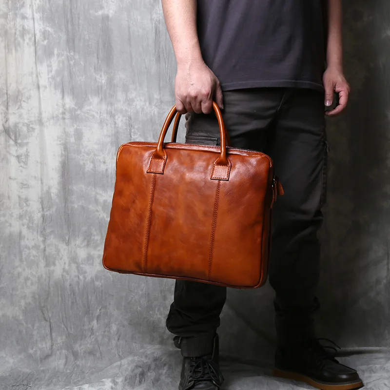 Pure Hand Rubbed Color Vegetable Tanned Head Layer Cowhide Men\'s Double Handbag Horizontal Genuine Leather Crossbody Briefcase