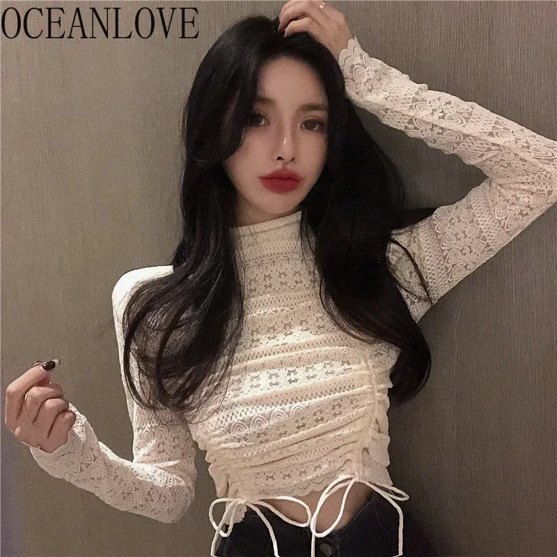 OCEANLOVE Turtleneck Lace Blouses Femme Solid Hollow Out Sexy Short Ropa Mujer Korean Fashion Autumn Winter Blusas Feminina