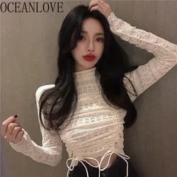 OCEANLOVE Coltrui Kanten Blouses Femme Solid Hollow Out Sexy Korte Ropa Mujer Koreaanse Mode Herfst Winter Blusas Feminina