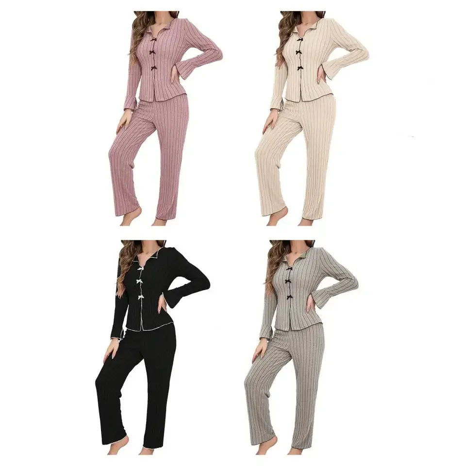 Y2K Cute Striped Ribbed Pajama Set Womens Long Sleeve V Neck Two Piece Sleepwear Homewear Autumn Winter Bow Lettuce Trim New Hot