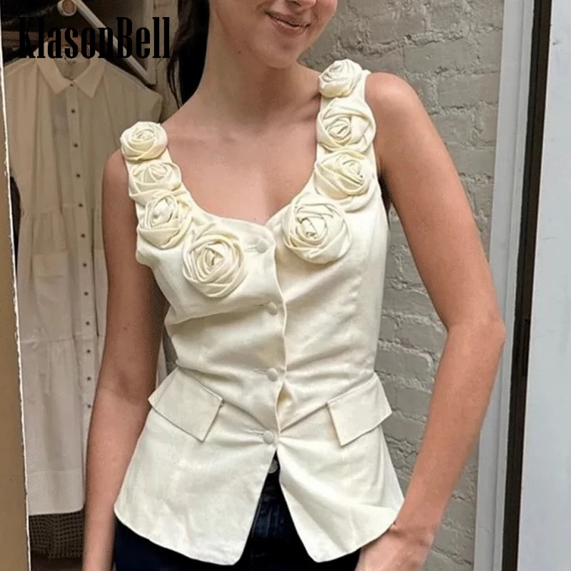 

5.24 KlasonBell Handmade Rose Flower Decoration Linen Vest Women Elegant All-matches Round Collar Single Breasted Slim Tank Top