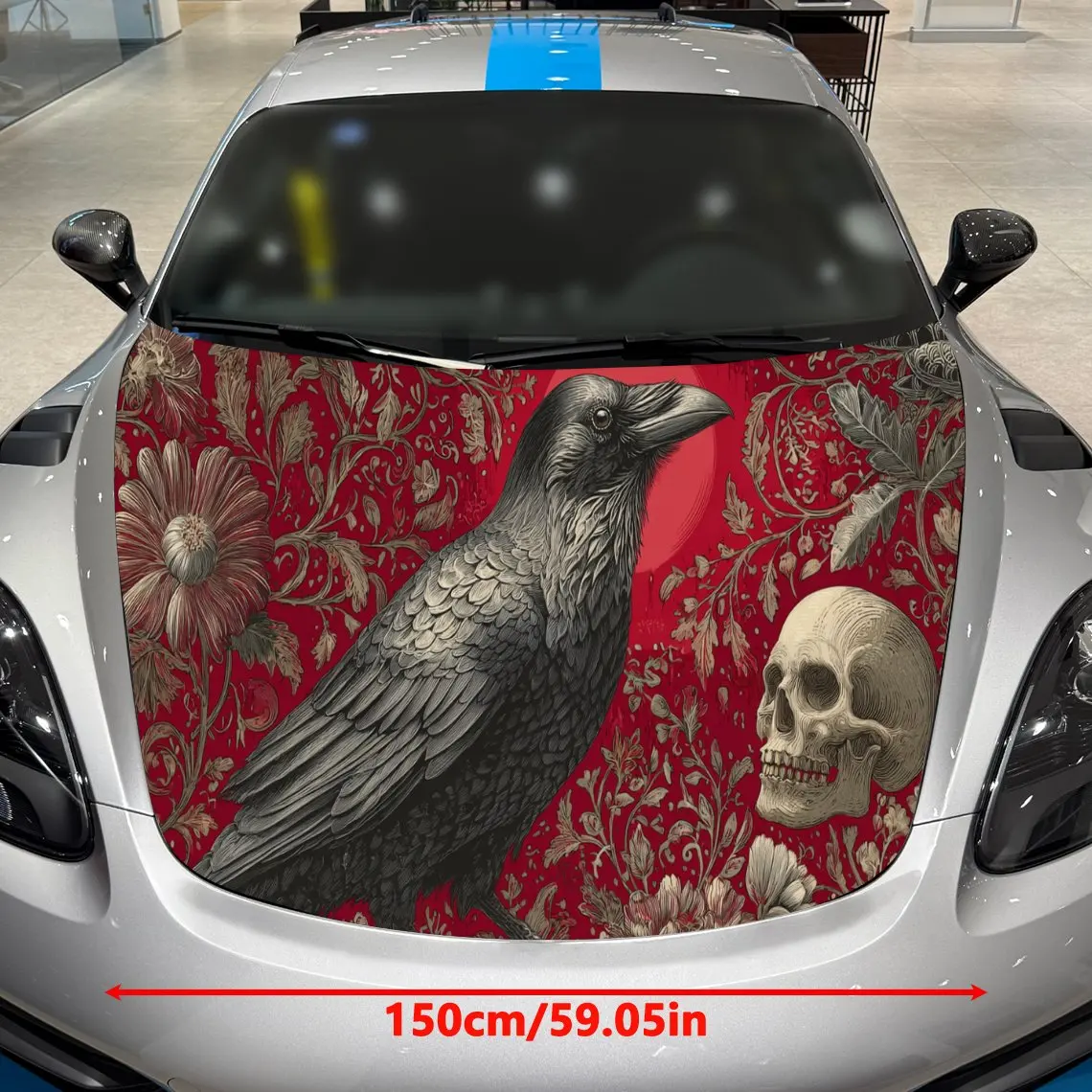 Car Decals A Raven And Skull Motif In Rich Red Textured Background Close - Up With Detailed Plumage And Bone Patterns, Gothic Ar