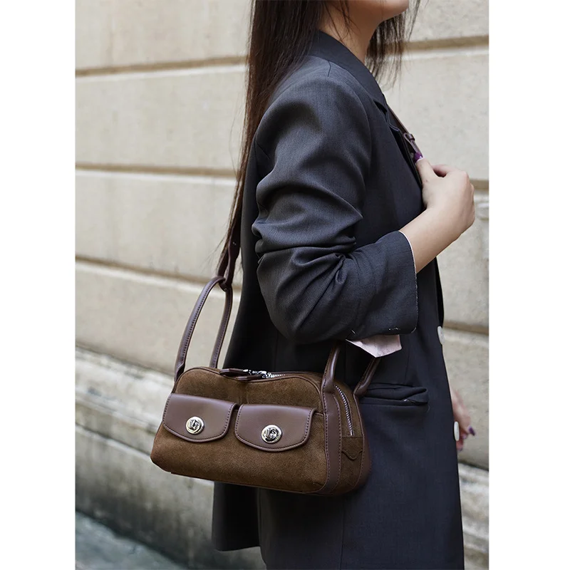 Ins Chic – sac de selle en cuir de vache/suede pour femmes, 2 poches, sacs à bandoulière à une épaule, sac à main de bonne qualité, sacoche